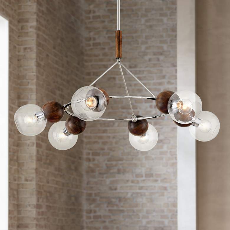 Image 1 Arlo 46"W Stainless Steel and Natural Acacia 6-Light Pendant