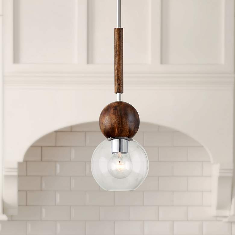 Image 1 Arlo 7" Wide Stainless Steel and Natural Acacia Mini Pendant
