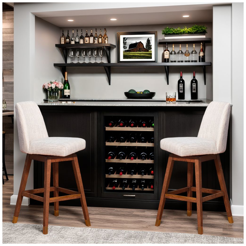 Armen Living Amalie 30" Brown Oak with Beige Fabric Swivel Barstool