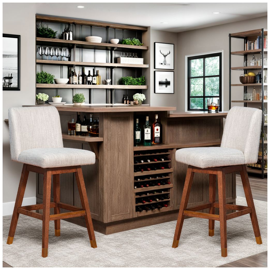 Armen Living Basila 30" Brown Oak Beige Fabric Swivel Barstool