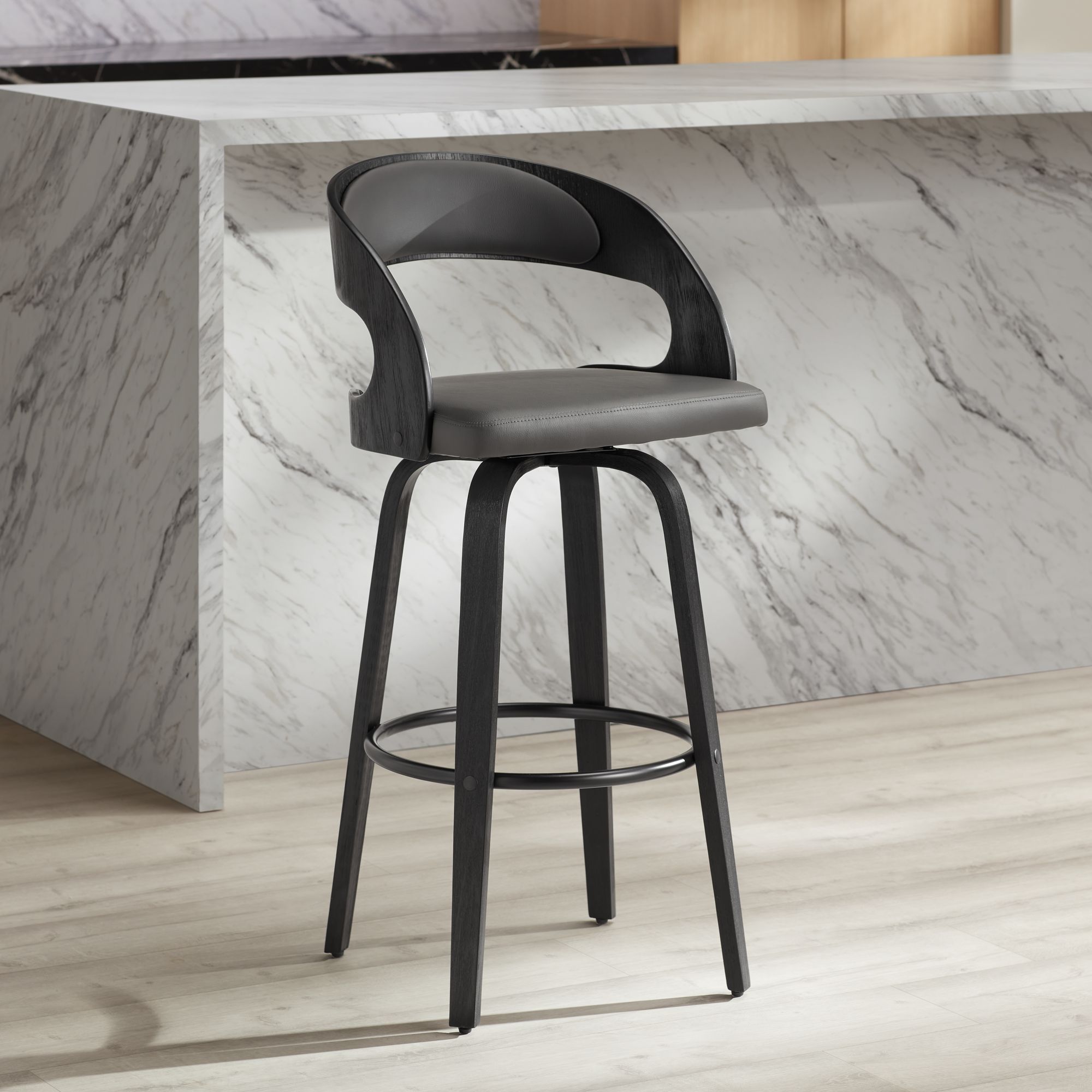 Armen Living Shelly 29 3/4" Gray Faux Leather Swivel Bar Stool