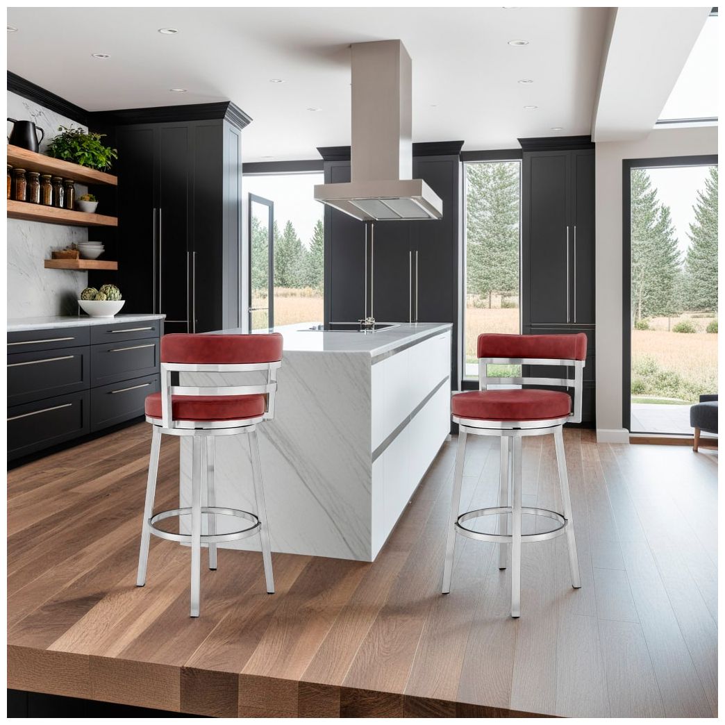 Image 3 Armen Living Titana 20" Wide Steel Red Faux Leather Swivel Barstool more views