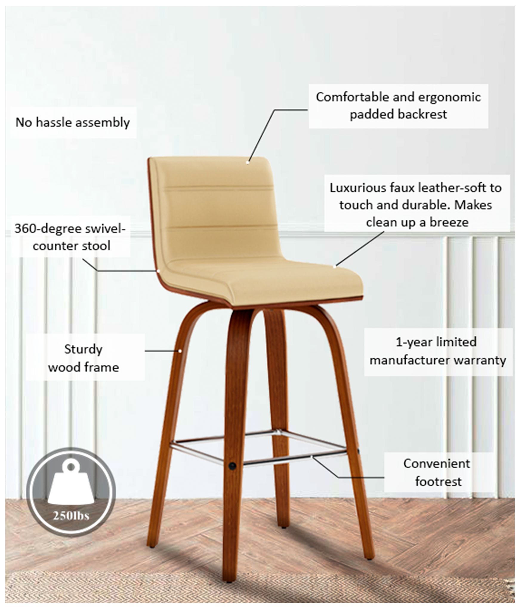 Armen Living Vienna 25 1/4" Cream and Walnut Swivel Counter Stool in scene