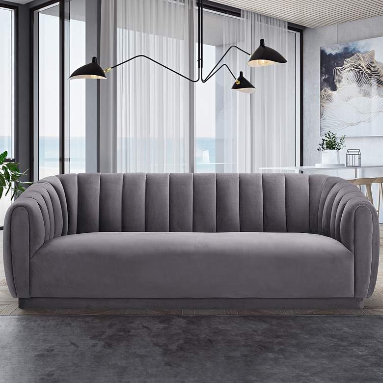 Image 1 Arno 88 1/2 inch Wide Gray Velvet Channel Tufted Sofa