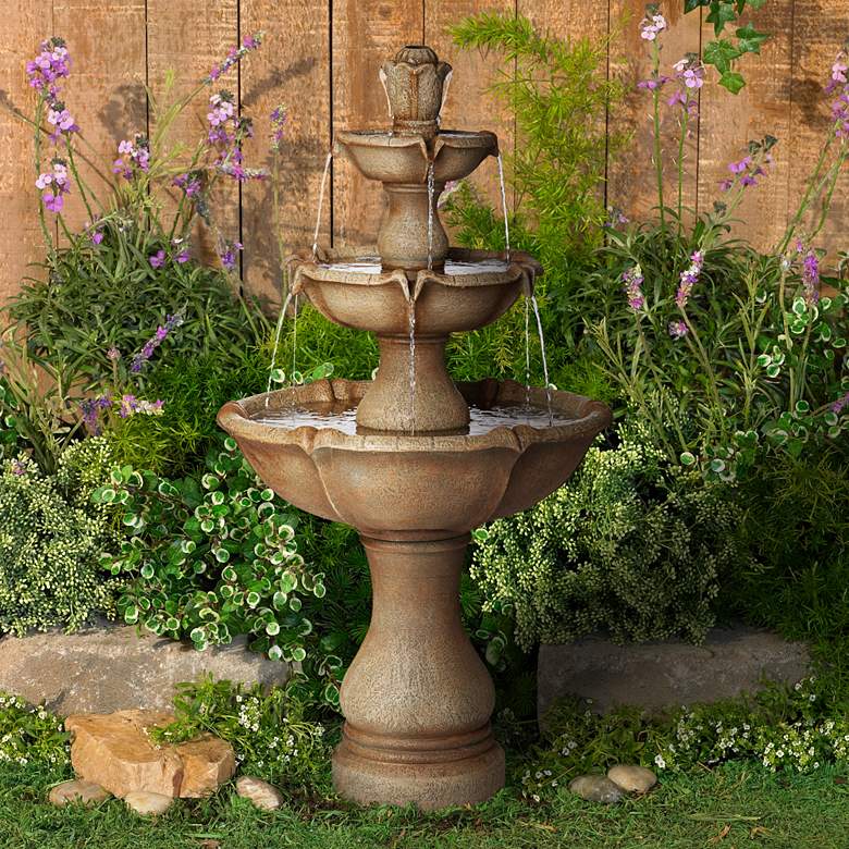 Image 1 Arosco 43" High Sand 3-Tier LED Lighted Outdoor Fountain