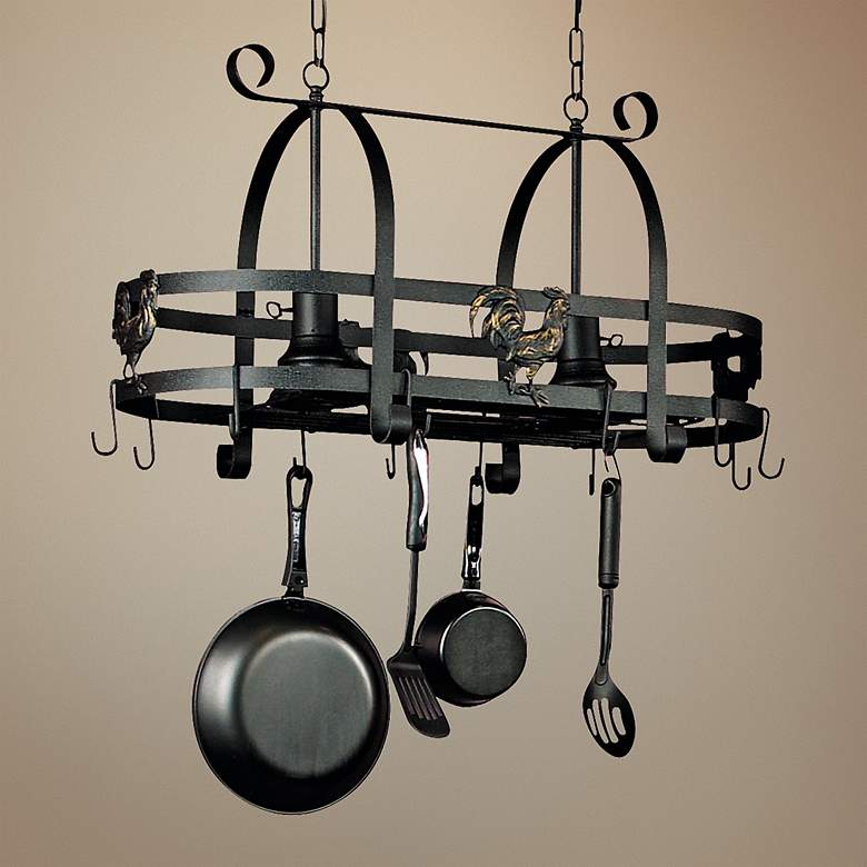 Image 1 Artcraft Ebony Rooster 30 1/2 inch Wide Pot Rack With Lights