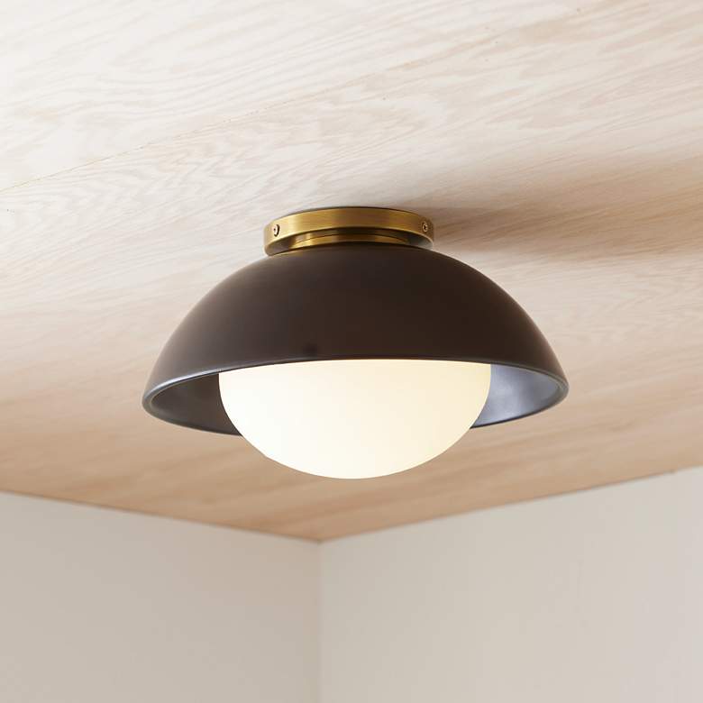 Image 1 Arteriors Glaze Small Matte Black Ceramic Flush Mount Antique Brass