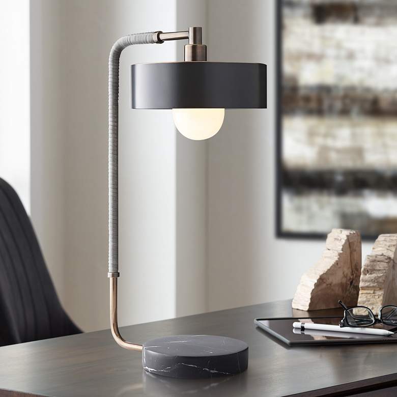 Image 1 Arteriors Home Aaron 24" Heritage Brass and Gray Leather Arc Desk Lamp