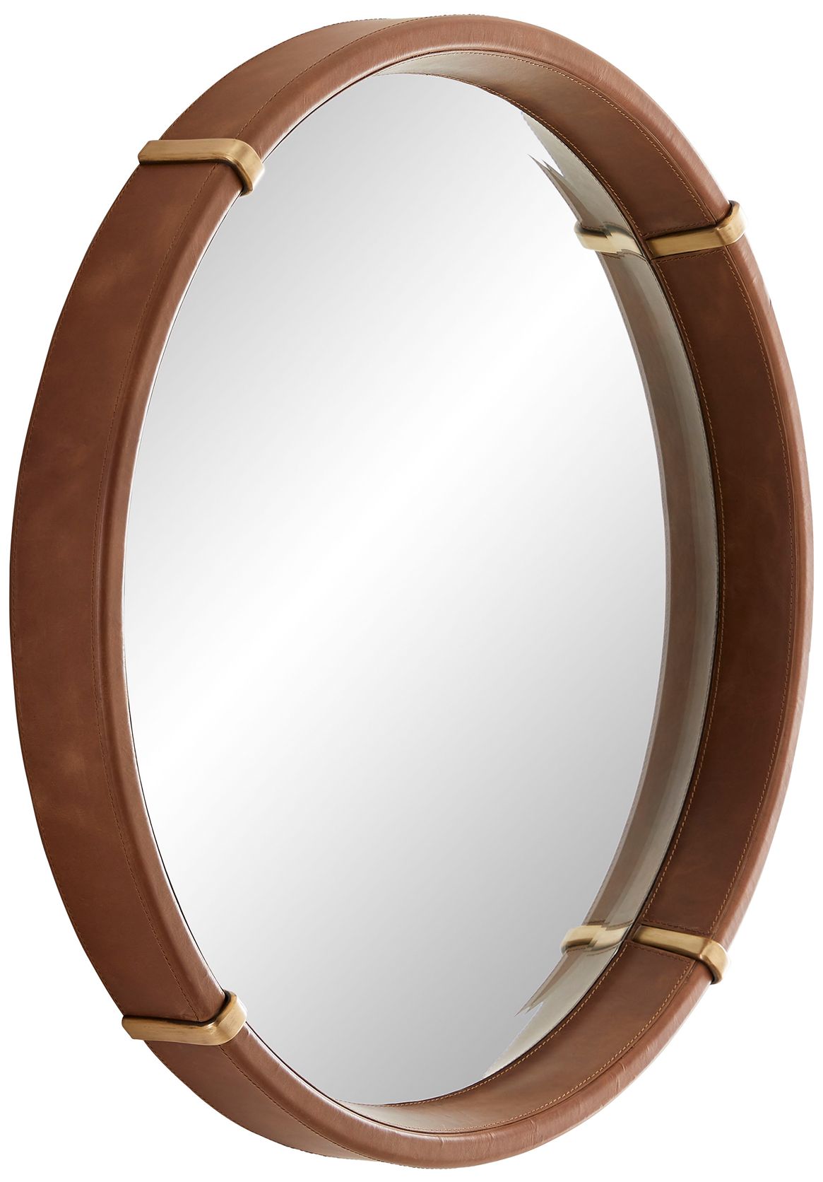 Image 2 Arteriors Home Edmund 30" Brown Leather Round Wall Mirror more views