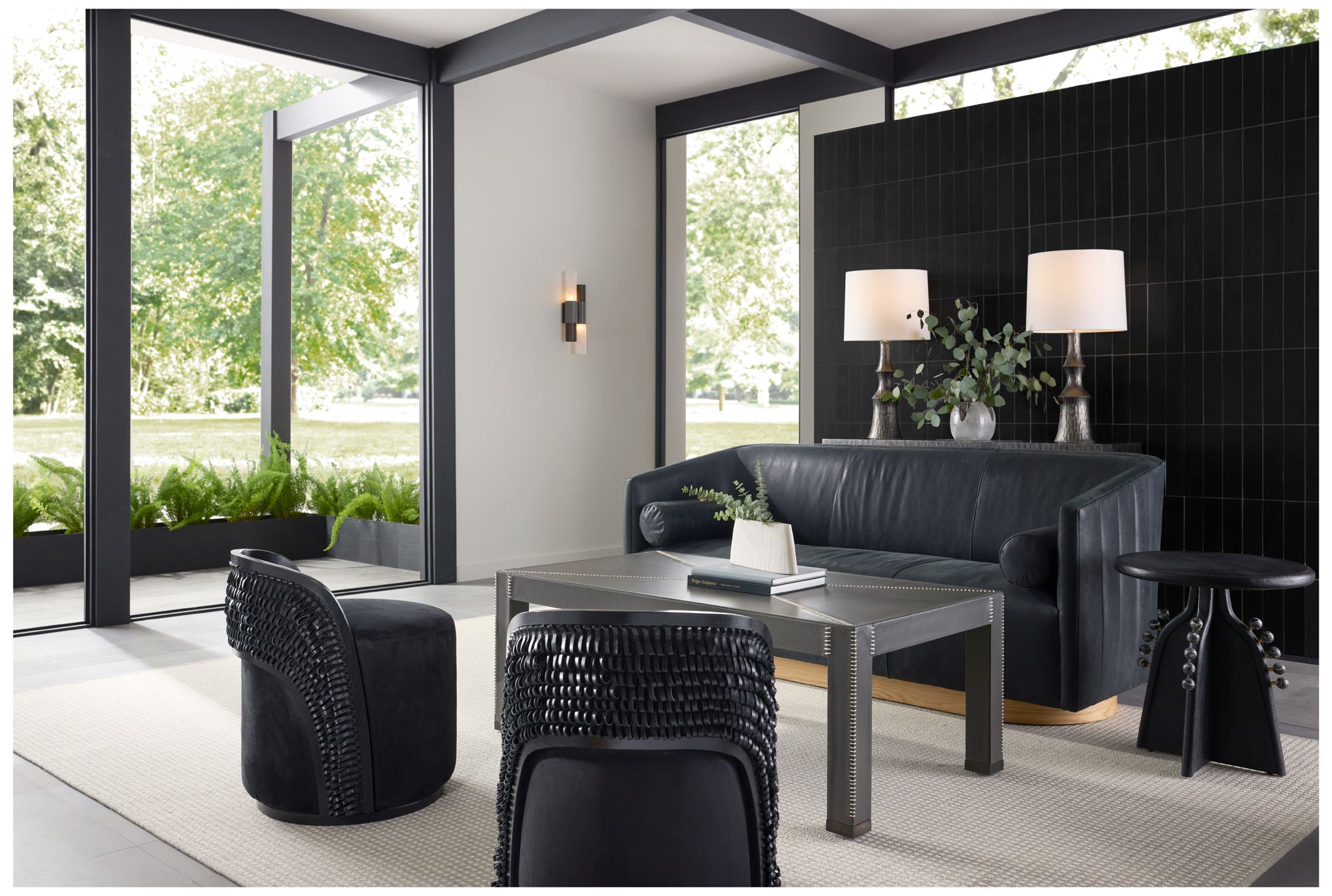 Arteriors Home Huxley 77" Wide Black Noir Faux Leather Modern Sofa