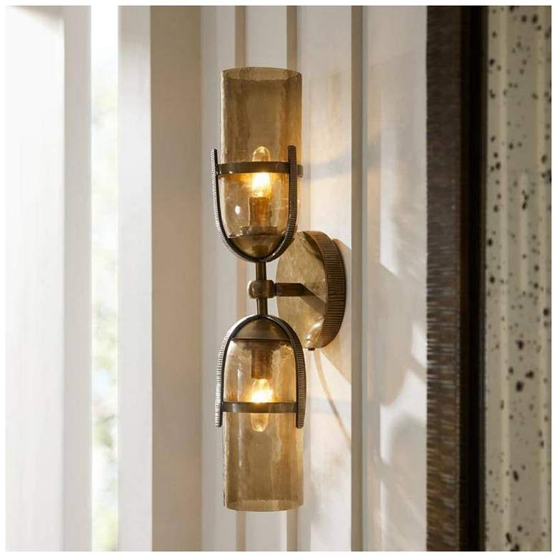 Image 1 Arteriors Jacobson Hammered Smoke Glass Sconce 18" Antique Brass