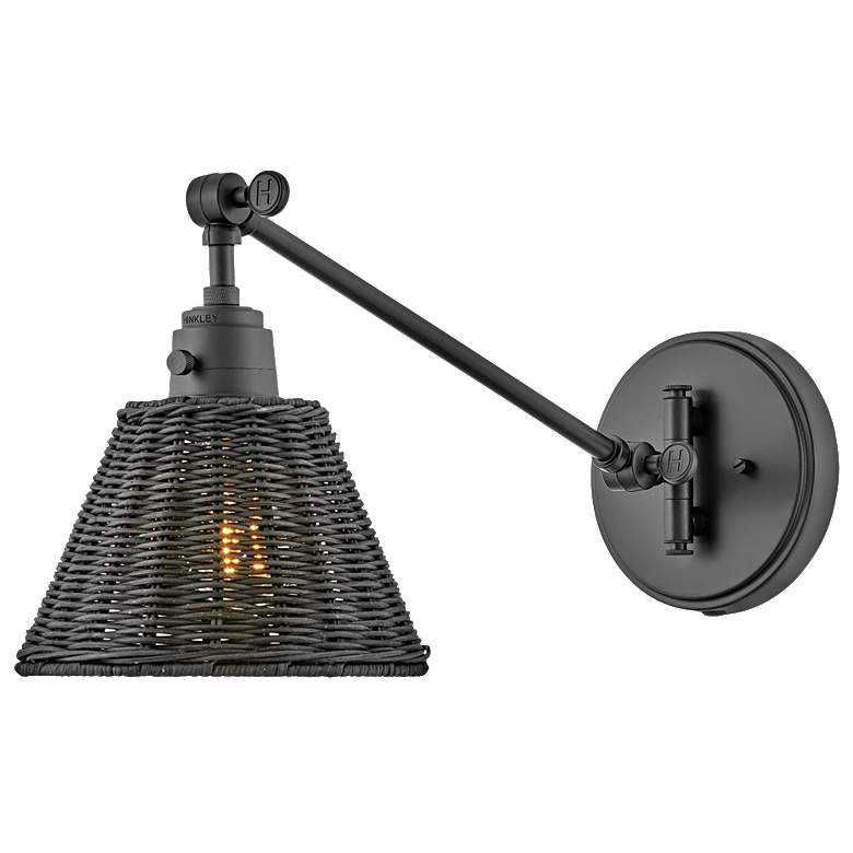 Image 1 Arti Black Plug-In Swing Arm Wall Lamp with Rattan Shade