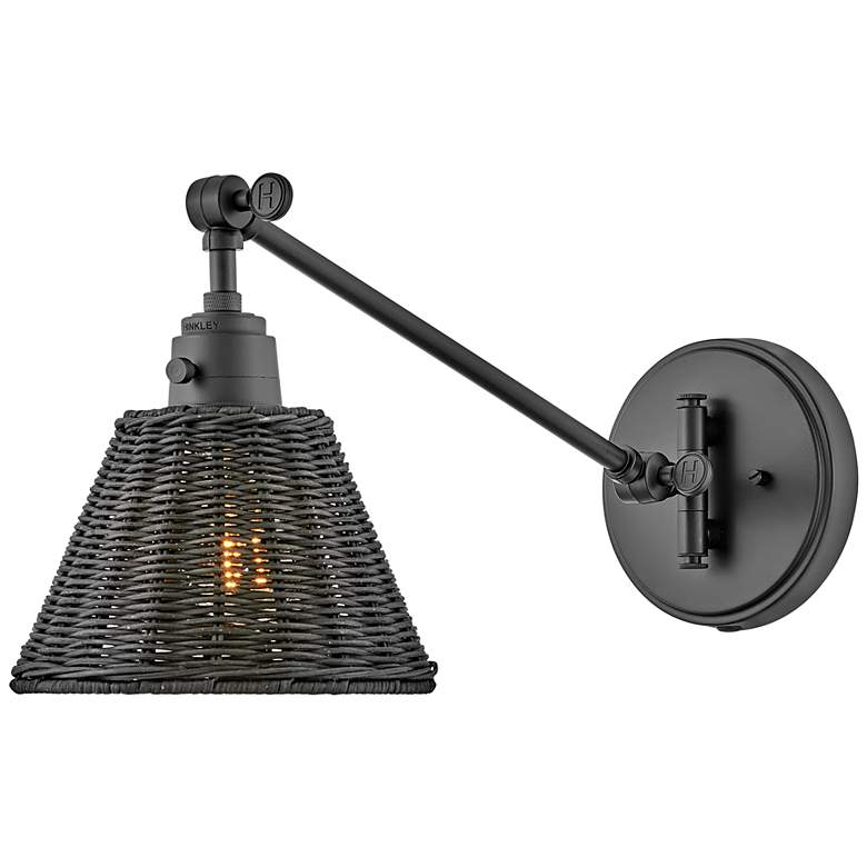 Image 2 Arti Black Plug-In Swing Arm Wall Lamp with Rattan Shade more views