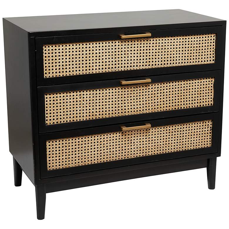 Image 2 Aruba 35 1/2 inchW Black Wood Tan Cane 3-Drawer Storage Cabinet