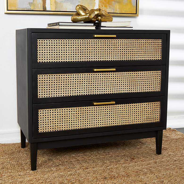 Image 1 Aruba 35 1/2"W Black Wood Tan Cane 3-Drawer Storage Cabinet