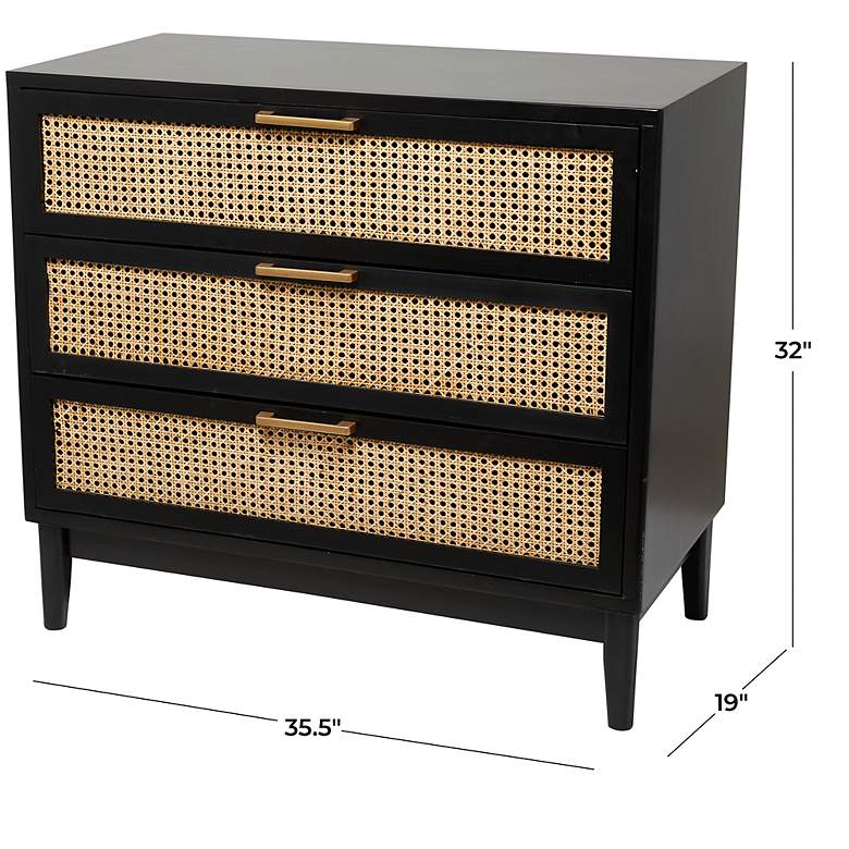 Image 7 Aruba 35 1/2"W Black Wood Tan Cane 3-Drawer Storage Cabinet more views
