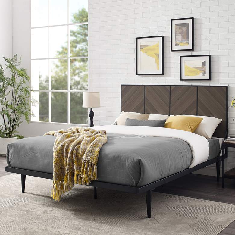 Image 1 Ash Brown Bookmatch Metal and Wood Queen Platform Bed
