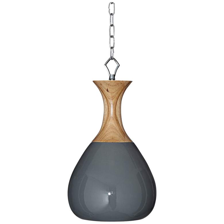 Image 1 Ash Gray Ceramic and Wood 10 inchW Plug-in Swag Pendant Light