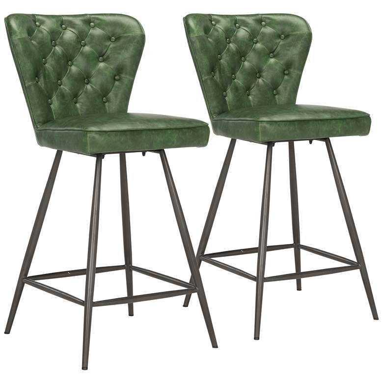 Ashby 26&quot; Green Faux Leather Tufted Counter Stool Set of 2