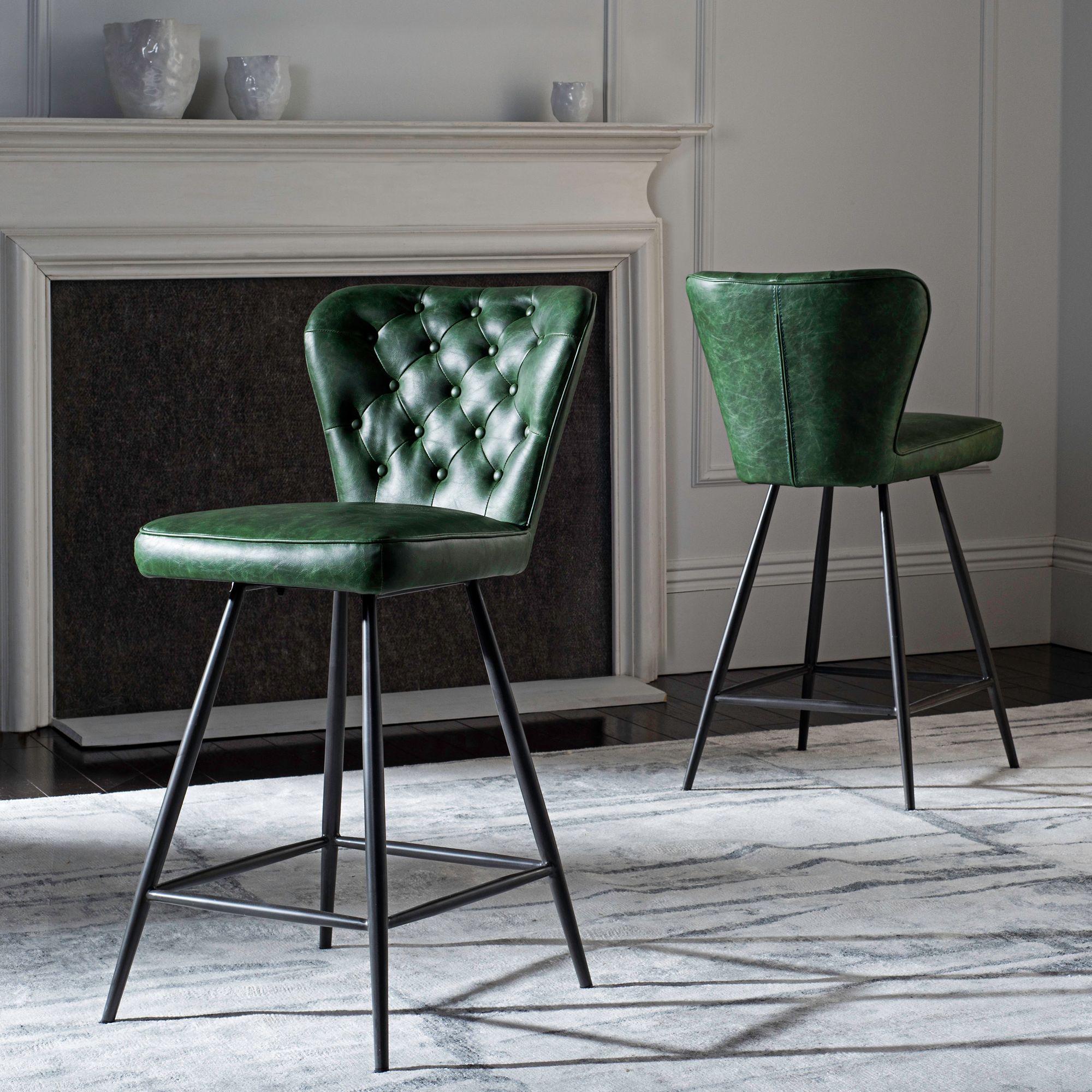 green leather counter stools