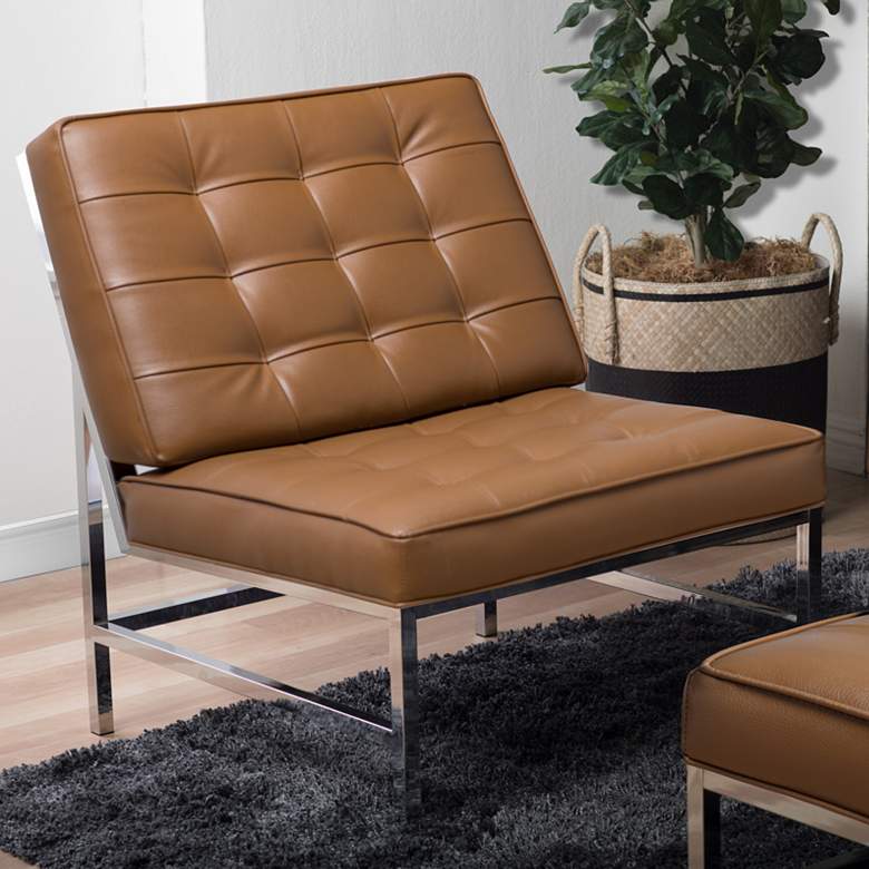 Image 2 Ashlar Caramel Brown Bonded Leather Tufted Accent Chair