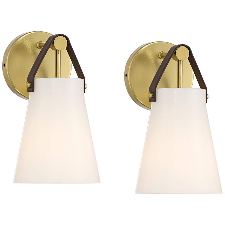 Image 1 Ashley 10 1/2" High Antique Brass and Leather Wall Sconce Set of 2