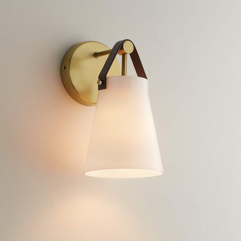 Image 1 Ashley 10 1/2" High Antique Brass and Leather Wall Sconce