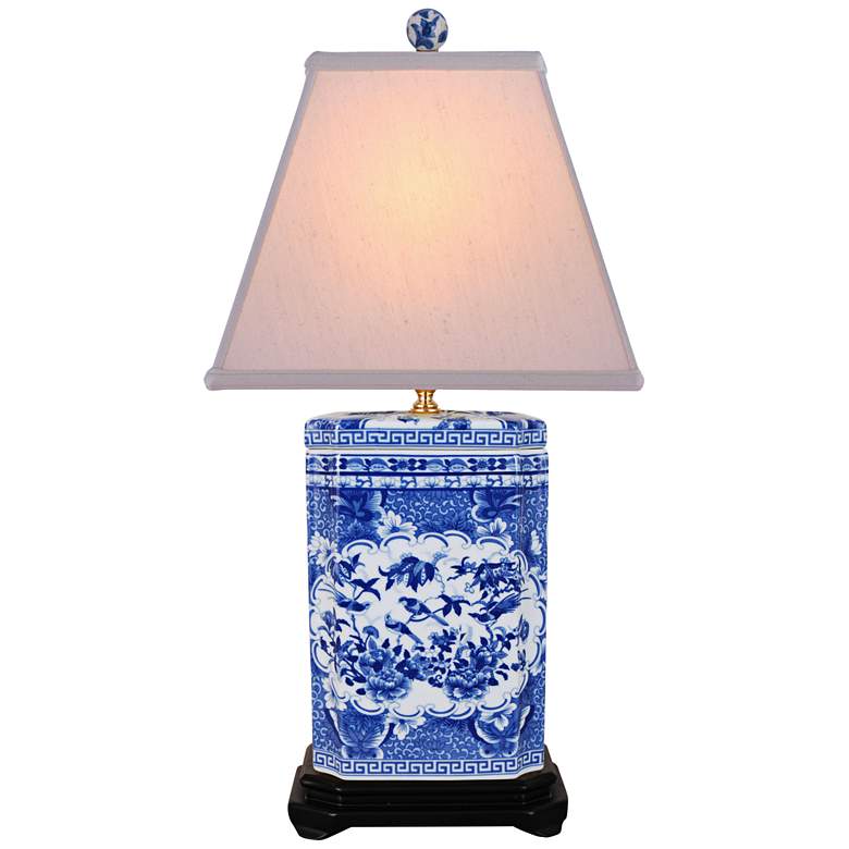 Image 1 Asian Birds Blue Rectangular Porcelain Table Lamp
