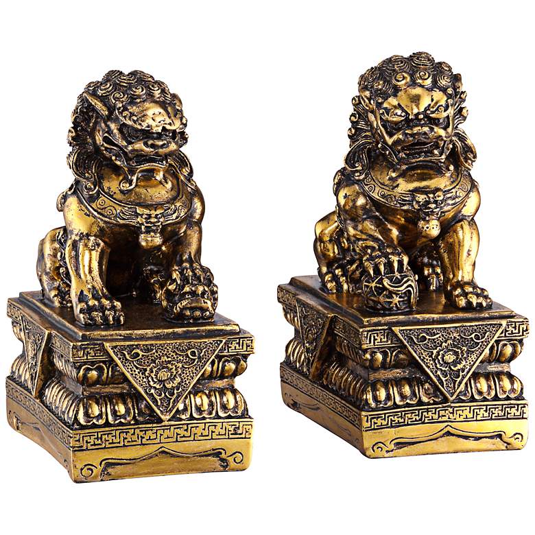 Image 1 Asian Foo Dogs 9 1/2 inch High Gold Statue Set of 2