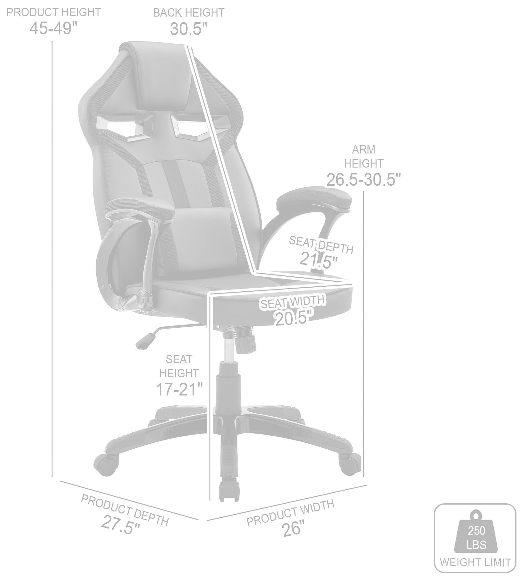 Aspect Adjustable Racing Gaming Chair in Black Faux Leather, Dark Grey Mesh