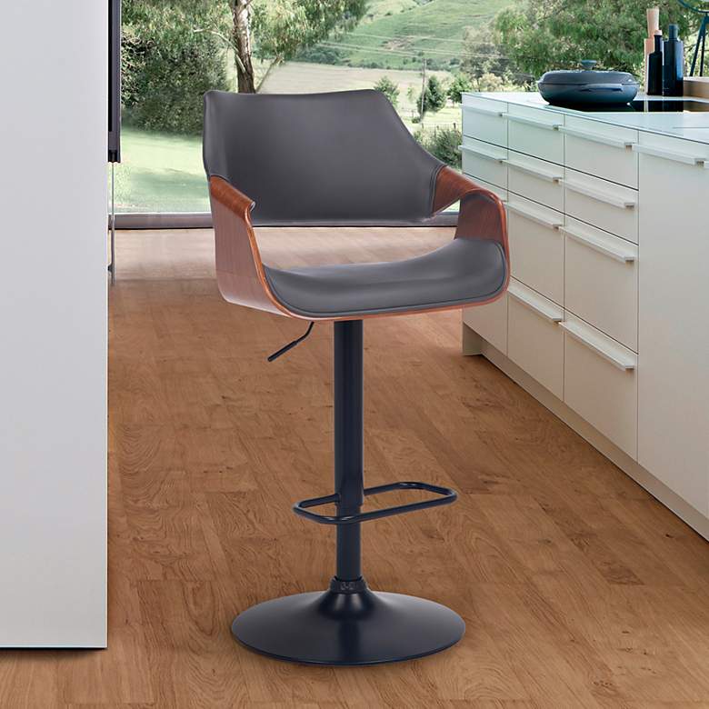 Image 1 Aspen Adjustable Swivel Barstool in Black Powder Coated, Gray Faux Leather