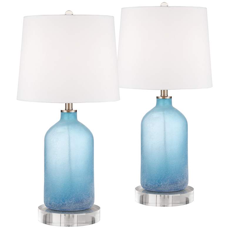 Image 1 Aston Blue Frosted Glass Table Lamps With 8 inch Round Risers