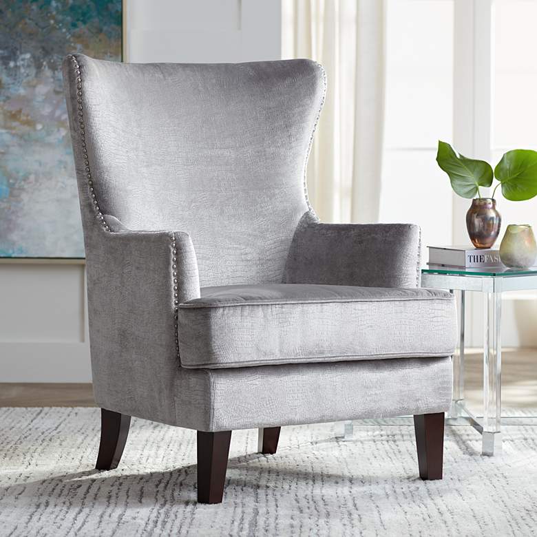 Image 1 Aston Gray Alligator Print Upholstered Armchair with Wood Legs