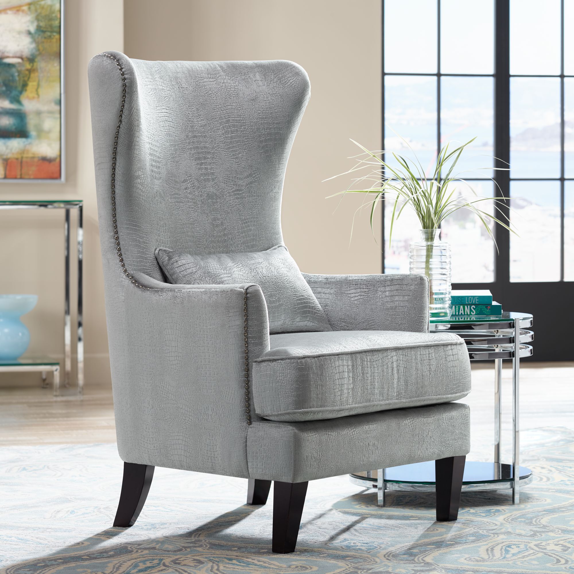 crushed velvet grey armchair