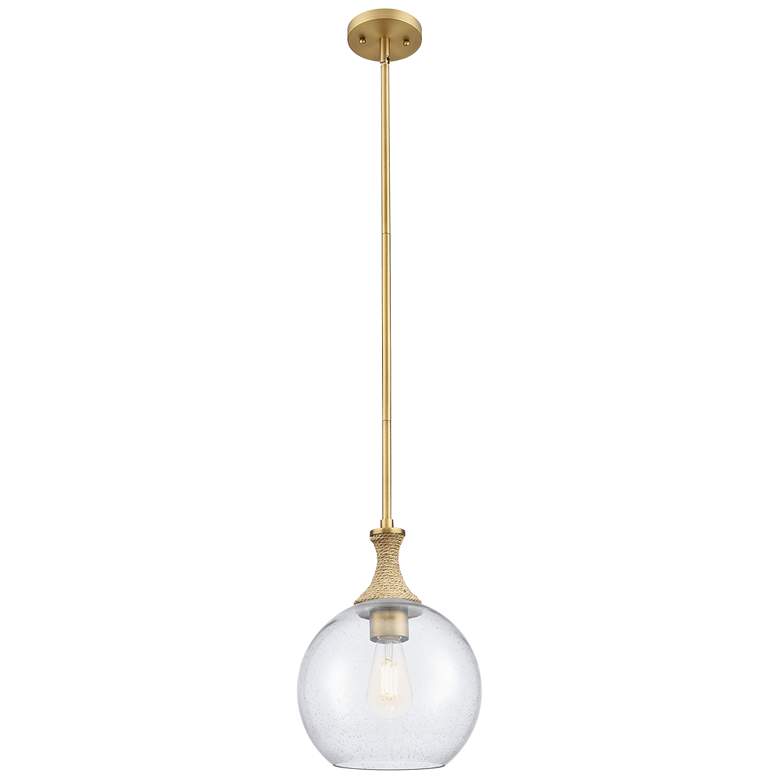 Image 1 Astor 10"W Brass And Brown Rope Stem Mini Pendant w/ Seedy Shade