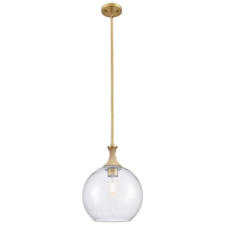 Image 1 Astor 12"W Brass And Brown Rope Stem Mini Pendant w/ Seedy Shade