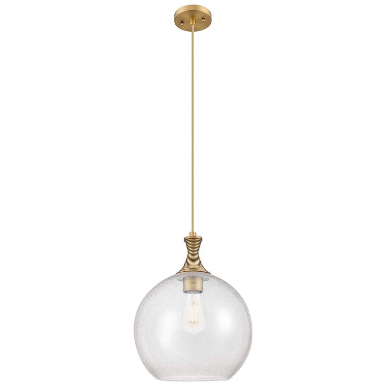 Image 1 Astor 12"W Brushed Brass Metal Cord Hung Mini Pendant With Seedy Shade