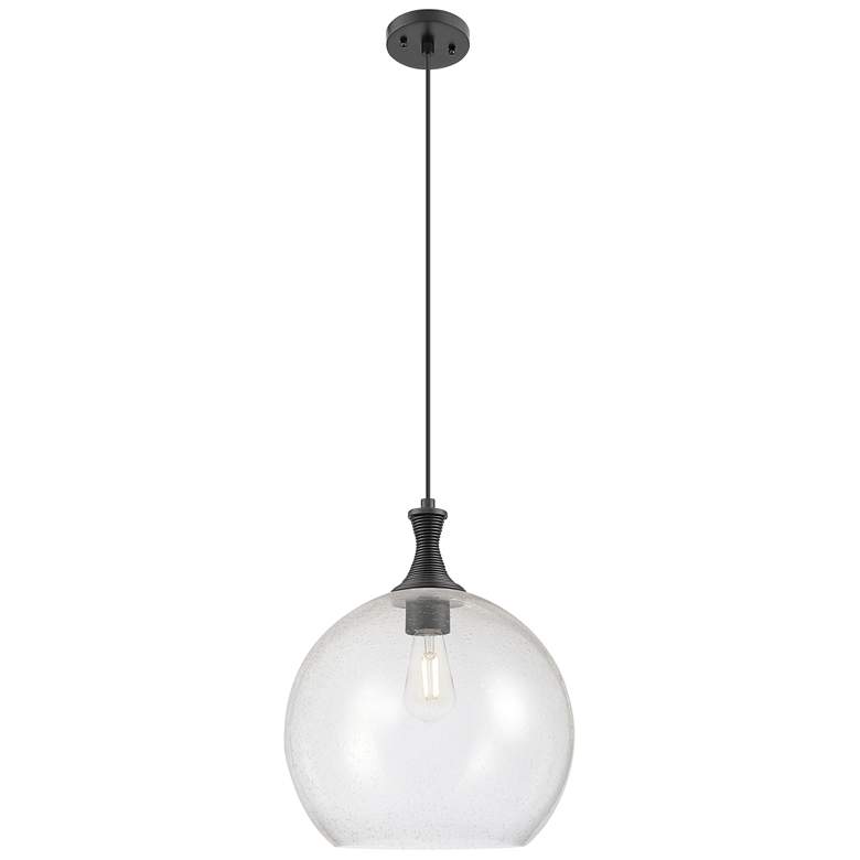 Image 1 Astor 14" Wide Matte Black Metal Cord Hung Pendant With Seedy Shade
