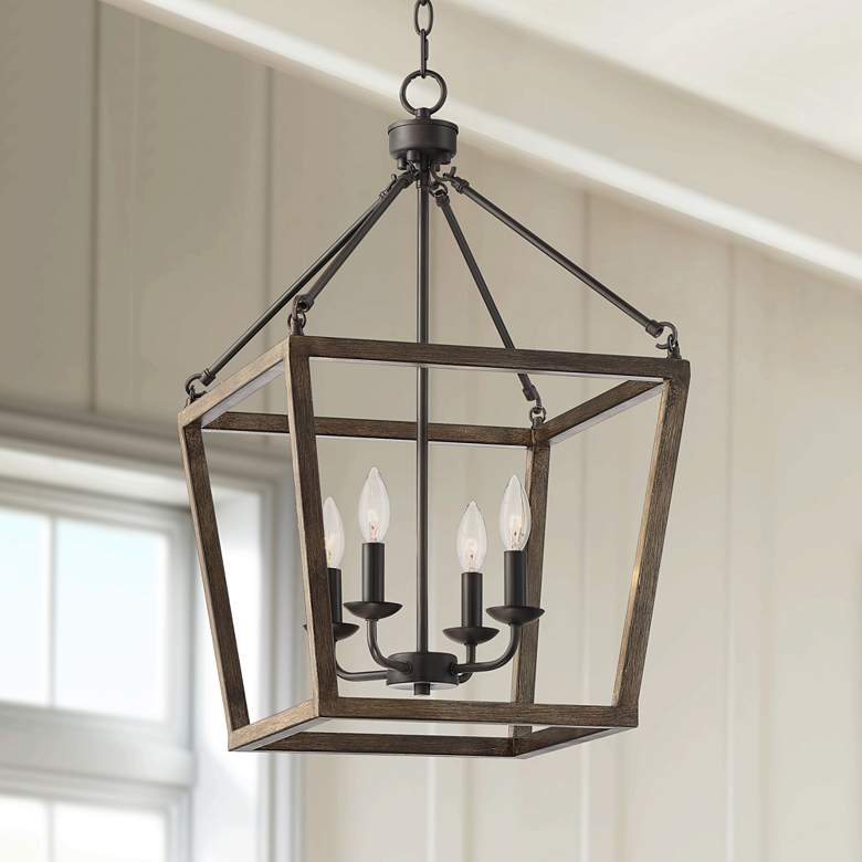 Image 1 Astor 16 inch Wide Bronze and Wood Grain 4-Light Entry Pendant