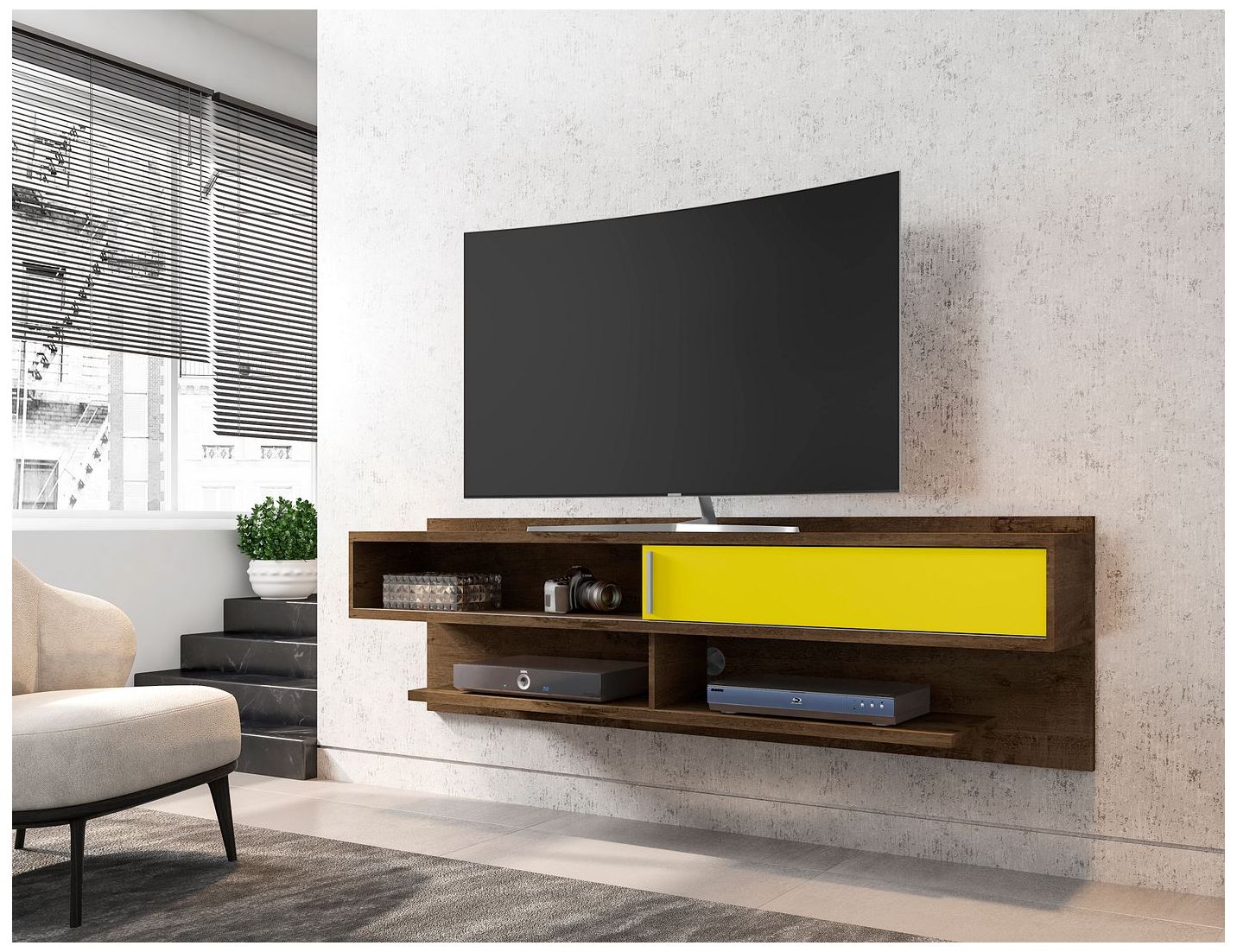 Image 3 Astor 70.86 Floating Entertainment Center in Rustic Brown and Yellow more views