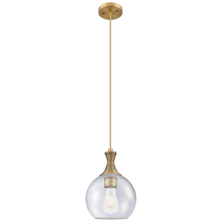 Image 1 Astor 8"W Brushed Brass Metal Cord Hung Mini Pendant With Seedy Shade