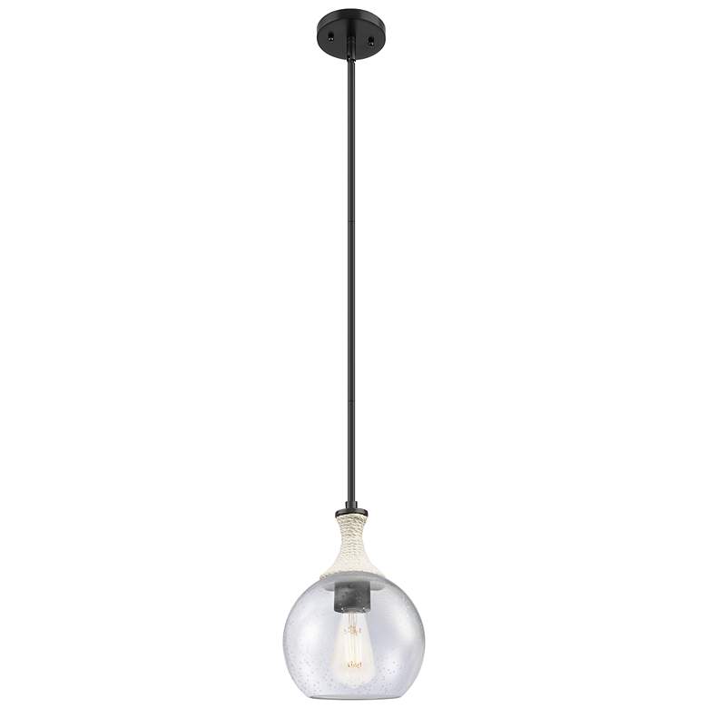 Image 1 Astor 8"W Matte Black And White Rope Stem Mini Pendant With Seedy Shade