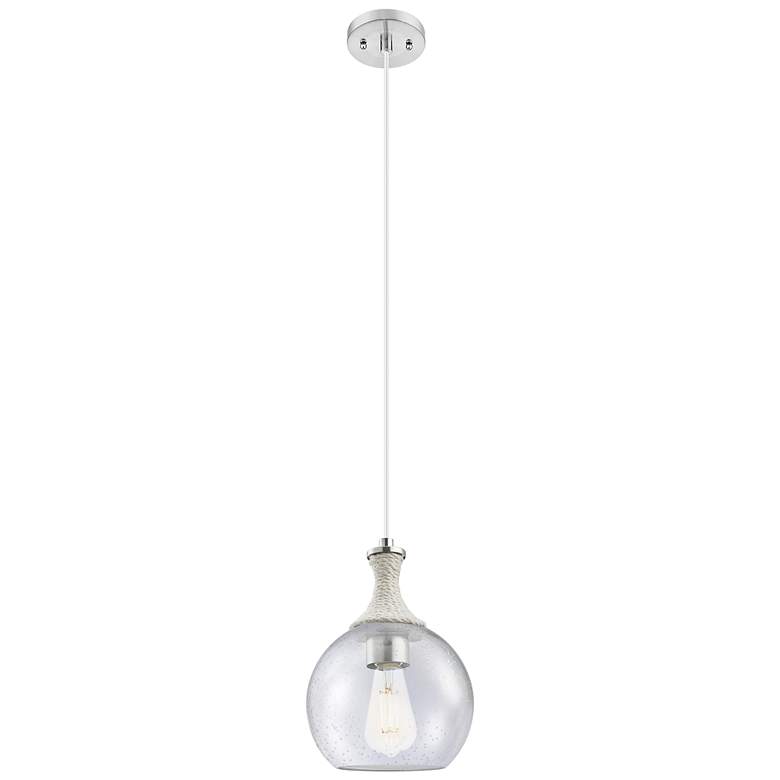 Image 1 Astor 8"W Satin Nickel And White Rope Cord Mini Pendant w/ Seedy Shade