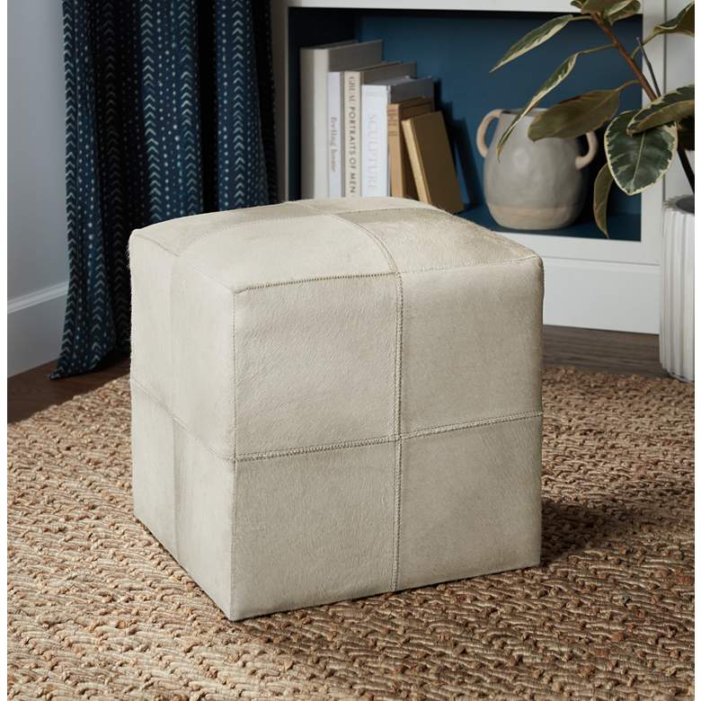 Image 1 Astoria 16" Wide Weathered Ivory Leather Hide Modern Pouf Ottoman