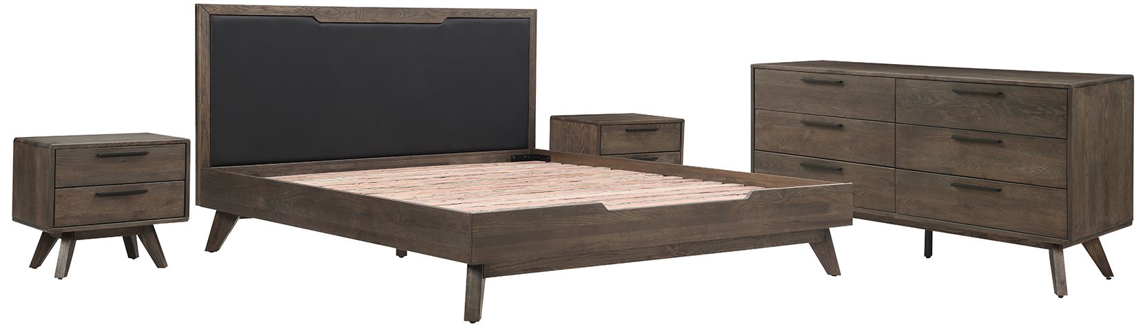 Image Astoria 4 Piece King Bedroom Set in Dark Brown Solid Oak Wood, Faux Leather