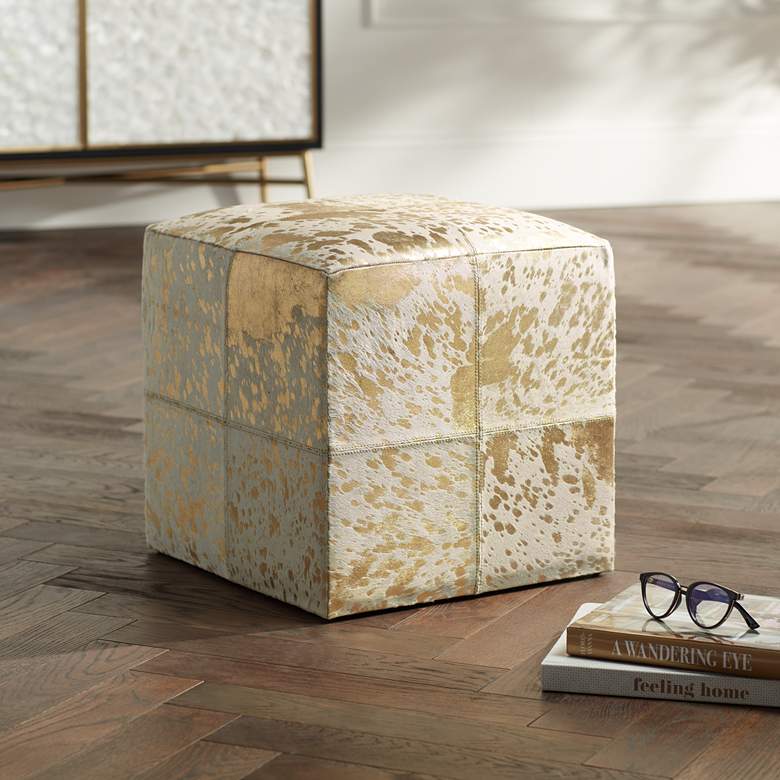 Image 1 Astoria Weathered Gold Leather Hide Pouf Ottoman