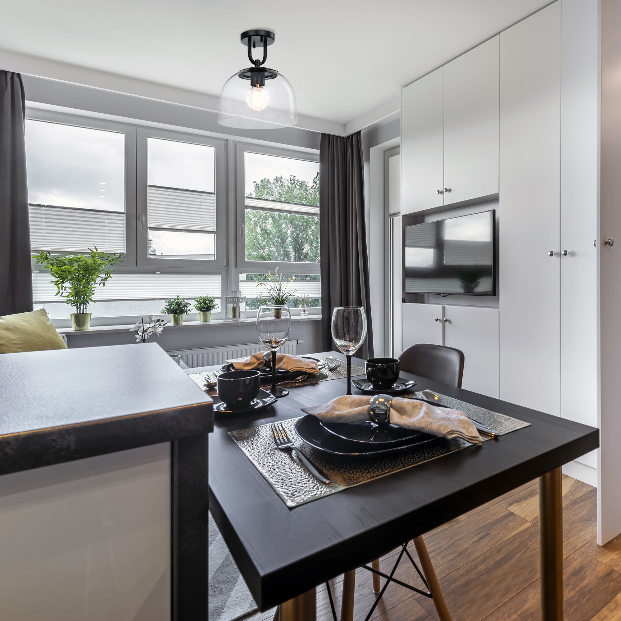 Astra 11.75 in. Matte Black Modern Semi-Flush Mount with Glass Shade