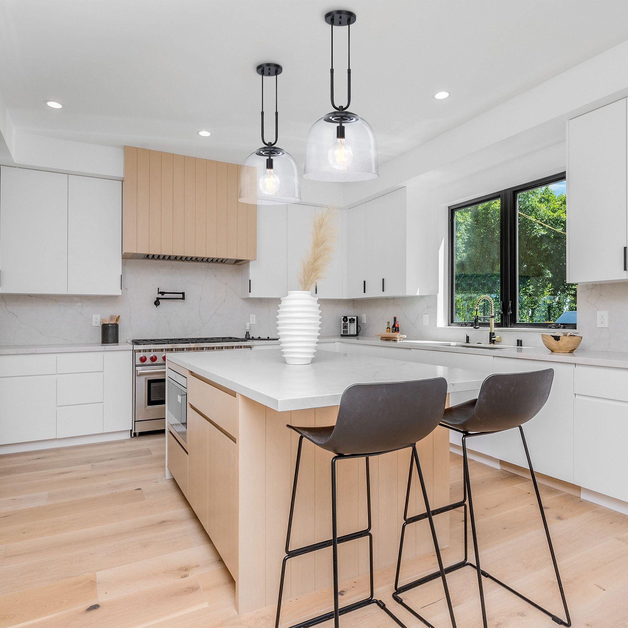 Astra 60 Watt 1-Light Matte Black Down Pendant Light with Glass Shade