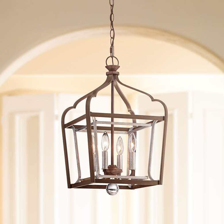 Astrapia 18&quot; Wide Rubbed Sienna Lantern 4-Light Foyer Pendant