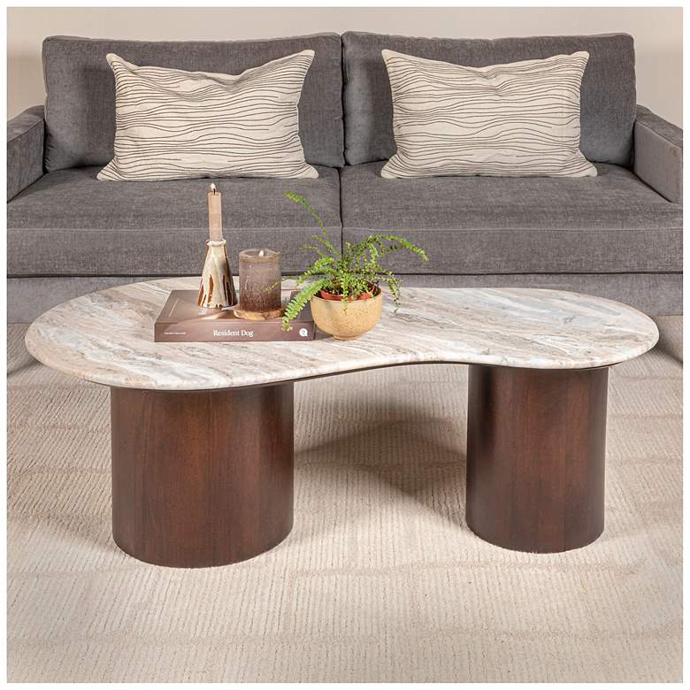 Image 1 Asymmetrical Oblong Marble and Mango Wood Pillar Coffee Table